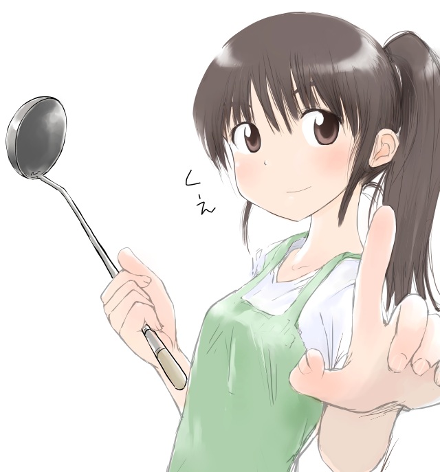 kashmir, 1girl, apron, blush, female focus, foreshortening, ladle, ponytail, smile, solo
