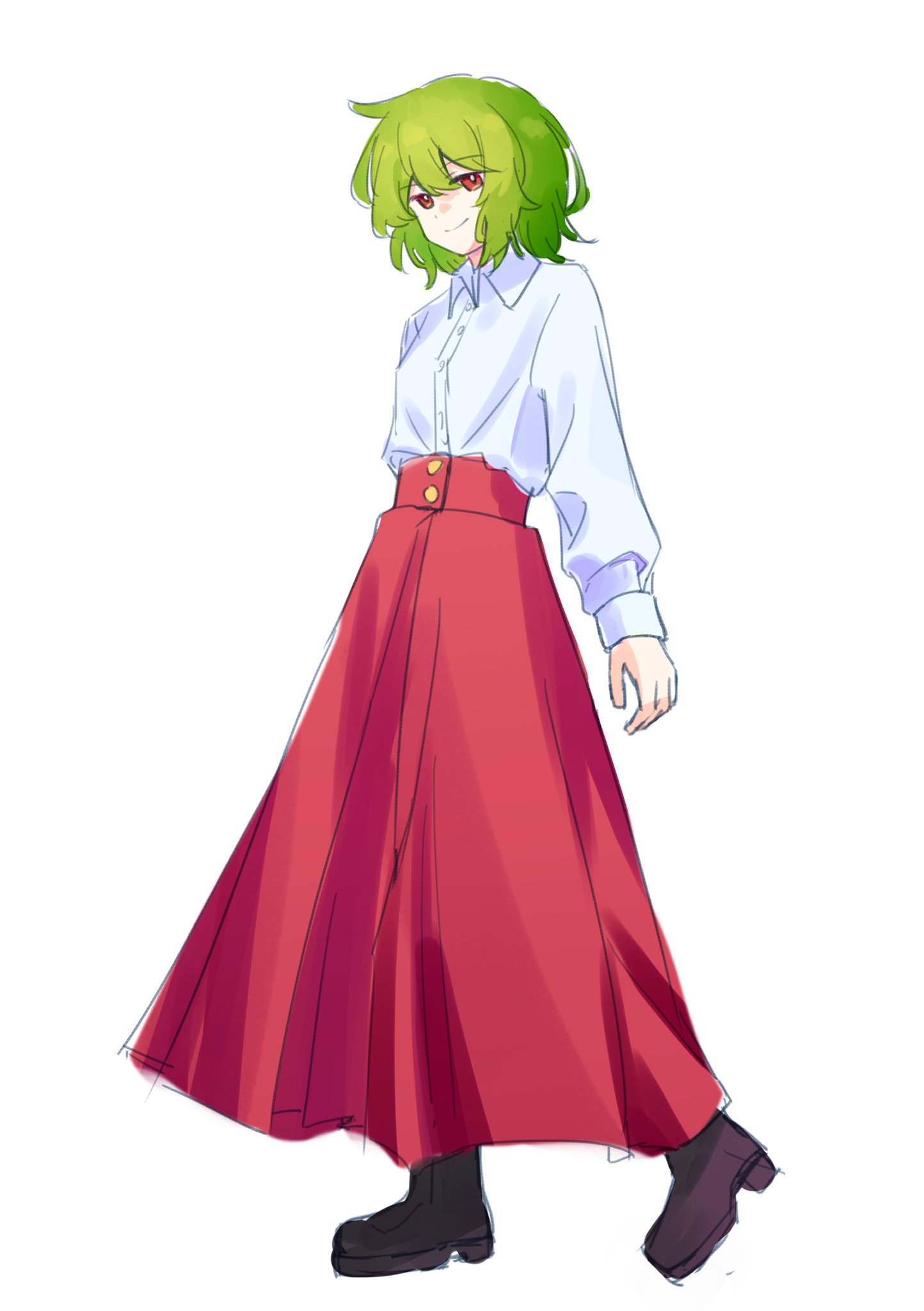 yimudesu, kazami yuuka, touhou, highres, 1girl, black boots, boots, dress shirt, full body, green hair, long skirt, looking at viewer, no vest, red eyes, red skirt, shirt, short hair, skirt, skirt set, smile, solo, white background, white shirt