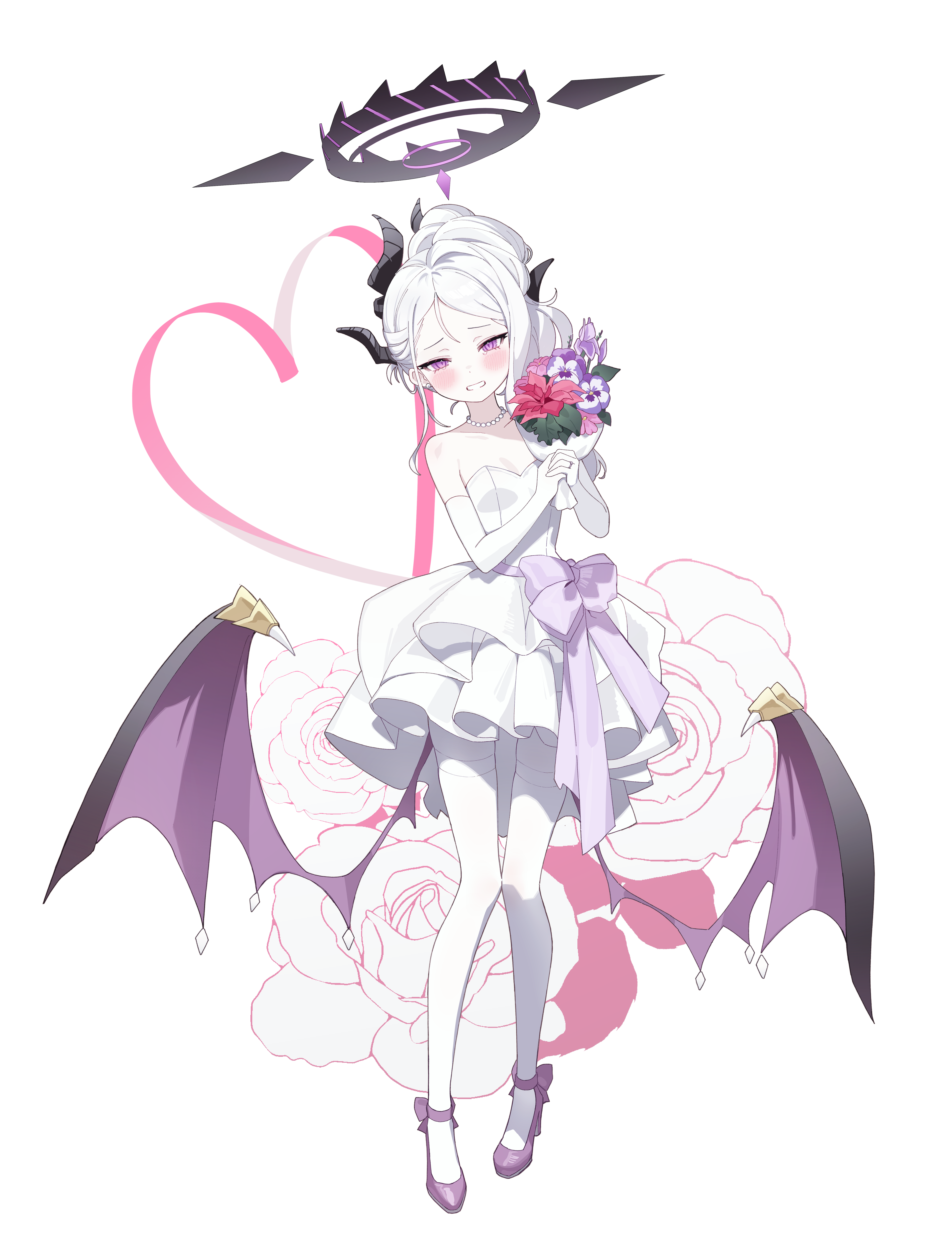 miisan, hina (blue archive), blue archive, absurdres, highres, 1girl, black halo, bouquet, breasts, demon girl, demon horns, demon wings, dress, flower, full body, halo, holding, holding bouquet, horns, long hair, looking at viewer, purple eyes, simple background, small breasts, solo, standing, wedding dress, white background, white hair, wings