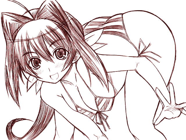 chikuwa (artist), chikuwa (tikuwa), kagami sumika, muv-luv, 1girl, bent over, bikini, breasts, cleavage, female focus, hip focus, large breasts, long hair, monochrome, side-tie bikini bottom, sketch, solo, striped bikini, striped clothes, swimsuit, wide hips