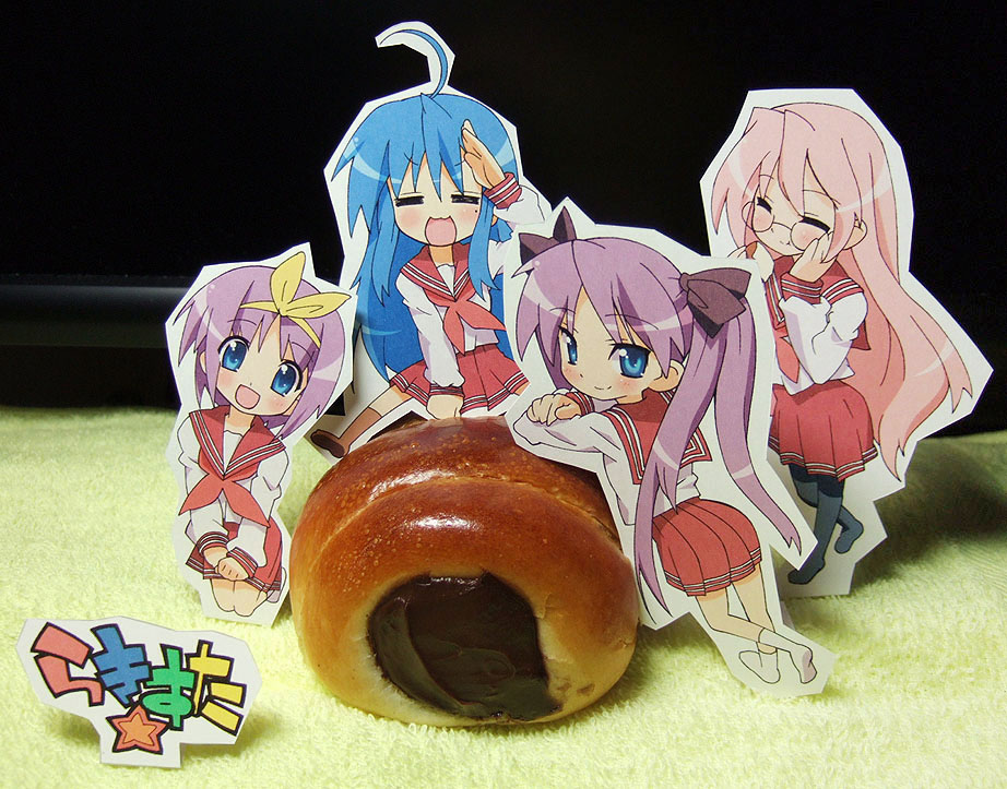 shinozuka atsuto, hiiragi kagami, hiiragi tsukasa, izumi konata, takara miyuki, lucky star, papercraft (medium), photo (medium), unconventional media, 00s, 4girls, :3, blue eyes, blue hair, chocolate cornet, cornet (food), dessert, food, glasses, headband, mole, mole under eye, multiple girls, pantyhose, paper child, pastry, pink hair, purple hair, sailor collar, school uniform, serafuku, siblings, sisters, skirt, smile, socks, star (symbol), twins