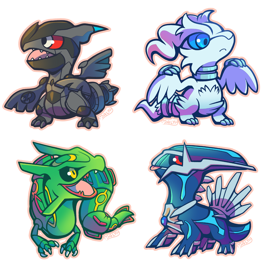 malky (malkshake), dialga, rayquaza, reshiram, zekrom, nintendo, pokemon, commentary request, blue eyes, chibi, full body, gen 3 pokemon, gen 4 pokemon, gen 5 pokemon, legendary pokemon, no humans, open mouth, pokemon (creature), sharp teeth, simple background, teeth, tongue, tongue out, white background, yellow eyes