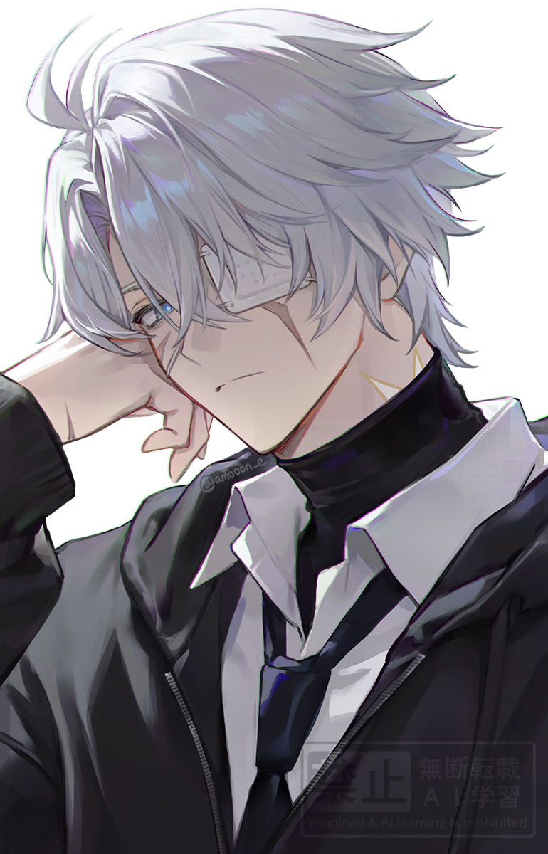 aamoooon e, phainon (honkai: star rail), honkai: star rail, honkai (series), commentary, highres, symbol-only commentary, 1boy, antenna hair, black jacket, black necktie, blue eyes, closed mouth, collared shirt, eyepatch, grey hair, hair between eyes, hand up, jacket, long sleeves, looking at viewer, male focus, necktie, parted bangs, portrait, shirt, short hair, simple background, solo, twitter username, watermark, white background, white shirt, wing collar