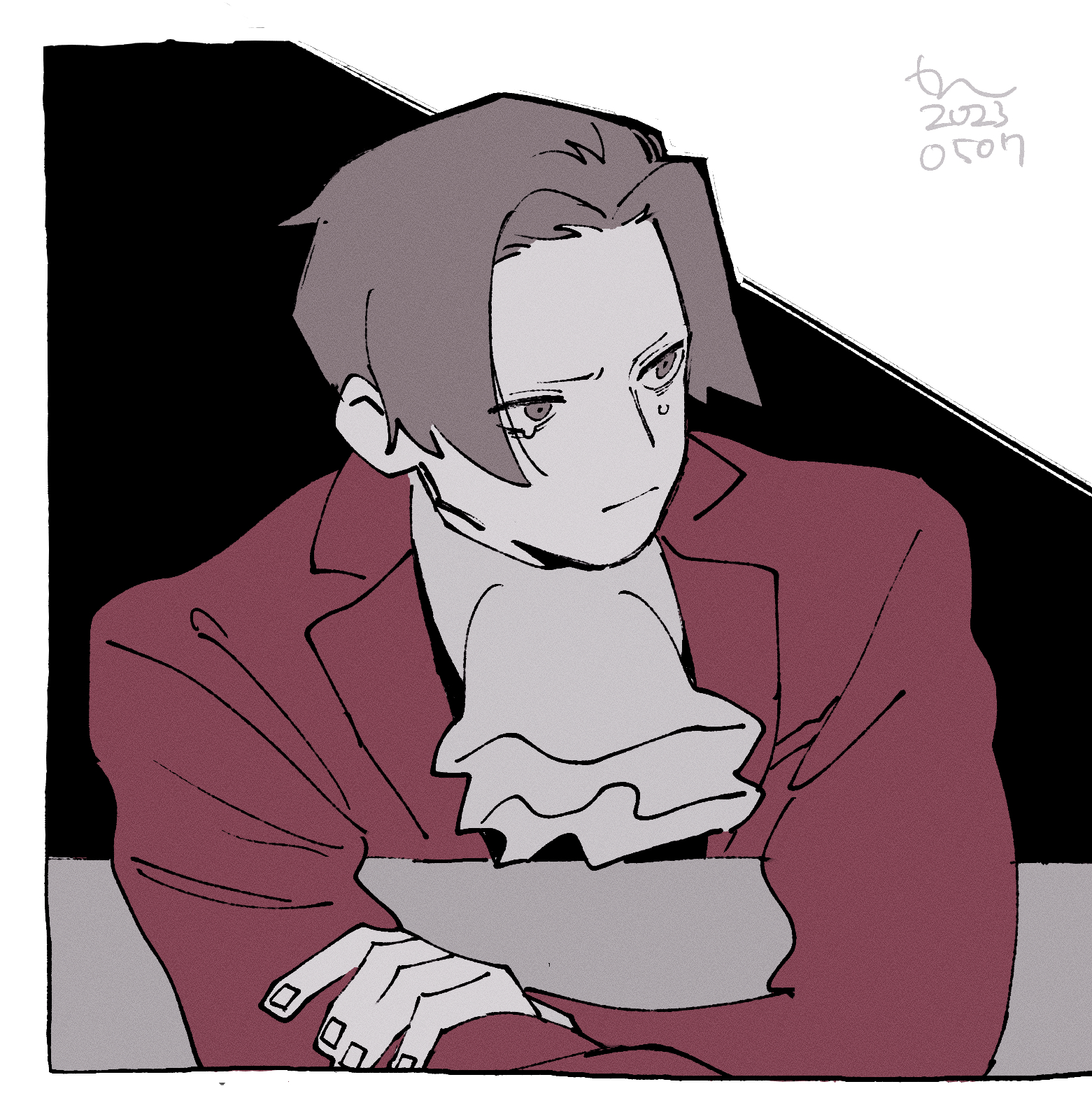 erm nkcn, miles edgeworth, ace attorney, commentary request, highres, 1boy, ascot, closed mouth, crossed arms, crying, fingernails, grey hair, jacket, male focus, red jacket, sad, short hair, signature, solo, tears, upper body