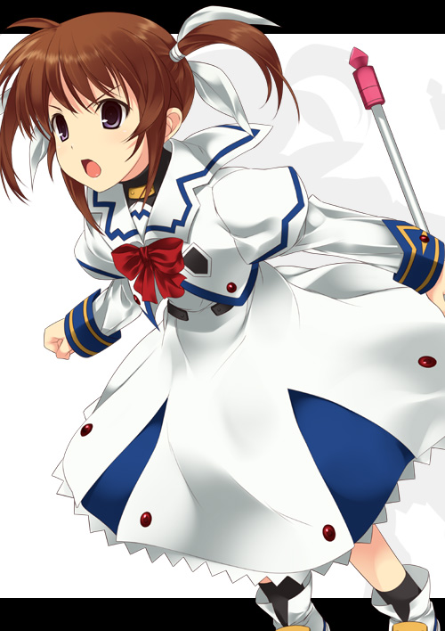 mizuki makoto, raising heart, takamachi nanoha, takamachi nanoha (original mode), lyrical nanoha, mahou shoujo lyrical nanoha, 00s, 1girl, bow, brown hair, clenched hand, female focus, magical girl, purple eyes, red bow, solo, twintails