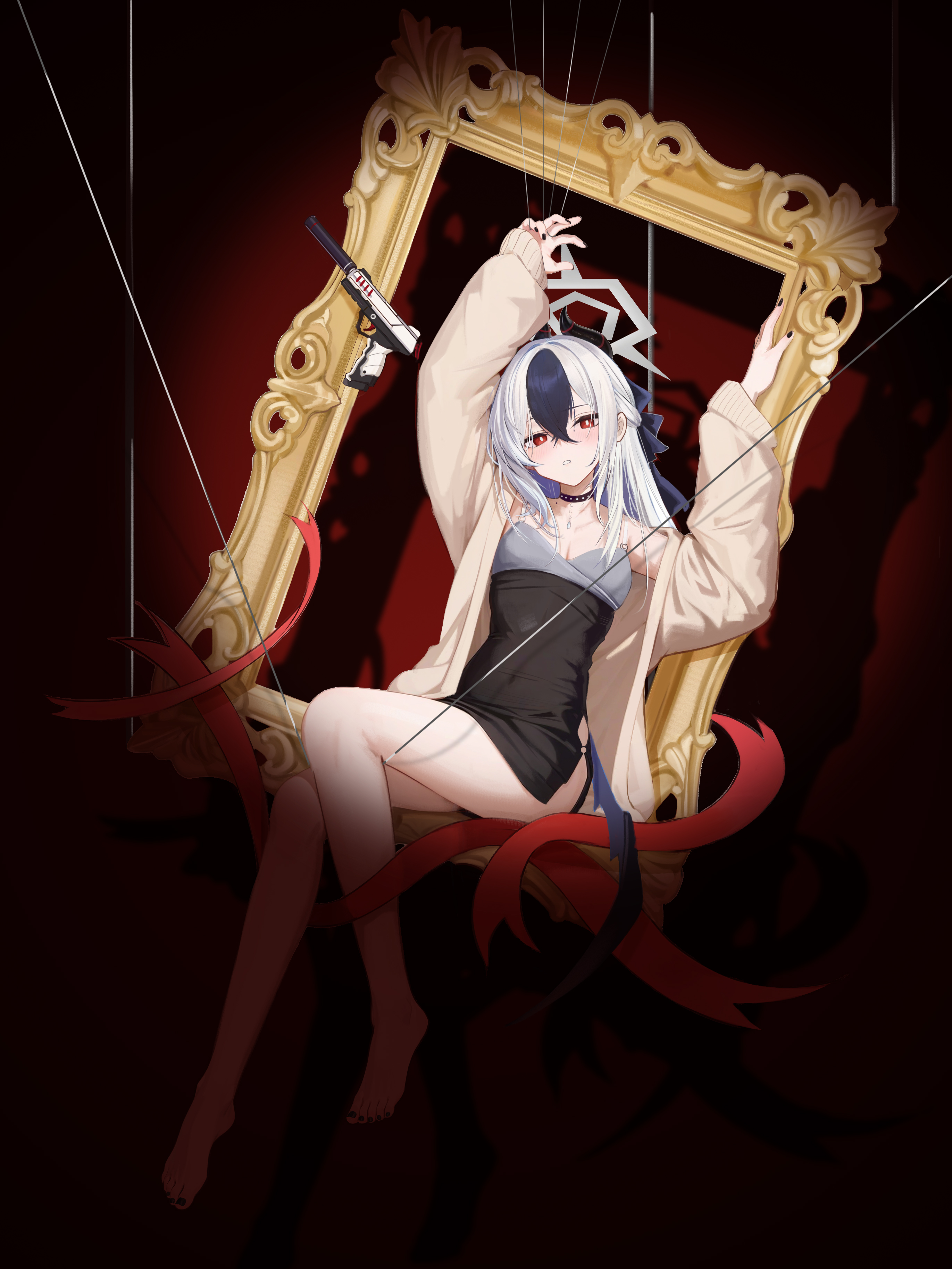 kayoko (blue archive), kayoko (dress) (blue archive), blue archive, absurdres, highres, 1girl, bare legs, barefoot, black choker, black dress, black nails, blush, brown jacket, choker, demon girl, demon horns, demon wings, dress, grey halo, gun, h&k p30, hair between eyes, hair down, half updo, halo, handgun, horns, jacket, looking at viewer, maple (artist), multicolored hair, nail polish, official alternate costume, official alternate hairstyle, open clothes, open jacket, parted lips, picture frame, red eyes, single wing, sleeveless, sleeveless dress, solo, toenail polish, toenails, two-tone hair, weapon, white hair, wings
