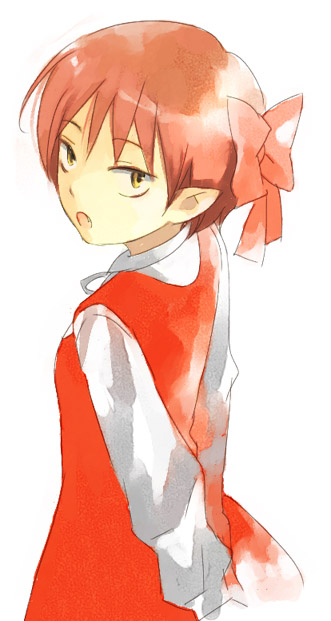 ariko, nekomusume, gegege no kitarou, toei company, 1girl, arms behind back, bow, brown eyes, dress, female focus, long sleeves, looking at viewer, pink bow, pointy ears, red dress, red hair, short hair, simple background, solo, standing, white background