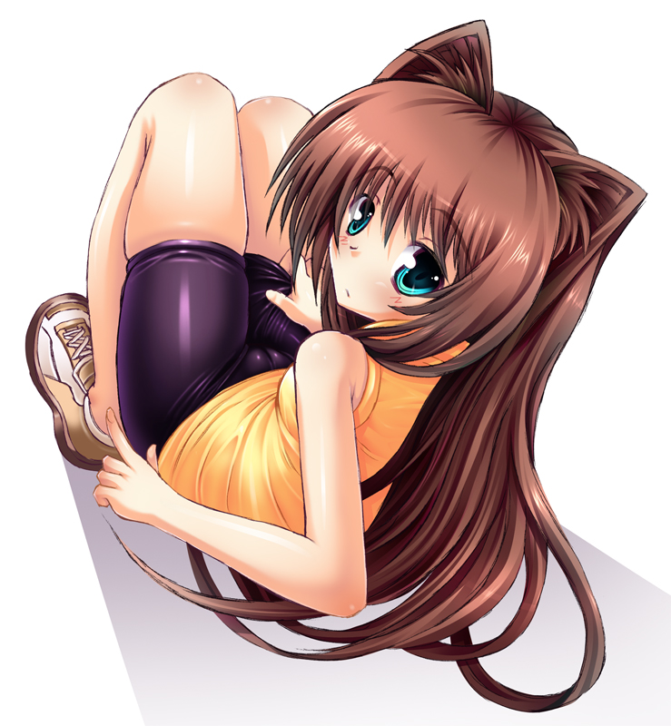 ichijou hitoshi, original, 1girl, aqua eyes, bike shorts, blush, body blush, brown hair, cameltoe, expressionless, female focus, from behind, full body, hair intakes, knees up, latex, long hair, looking at viewer, looking back, no socks, reclining, shiny clothes, shirt, shoes, simple background, skindentation, sleeveless, sleeveless shirt, sneakers, solo, white background
