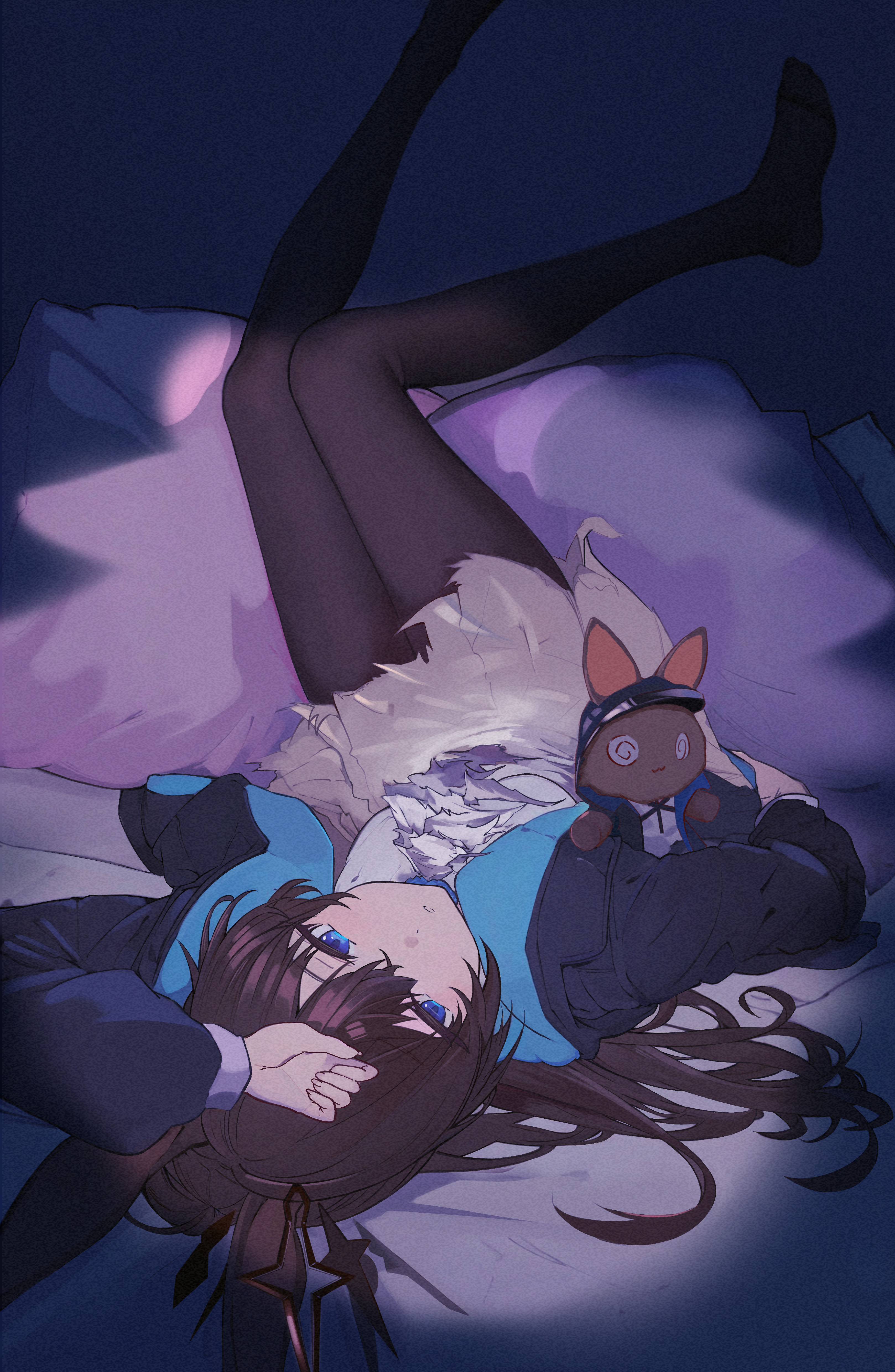 amiya (arknights), doctor (arknights), arknights, absurdres, highres, 1girl, animal ears, black jacket, black pantyhose, blue eyes, blush, brown hair, choshanland plushy (arknights), closed mouth, hair between eyes, jacket, long hair, looking at viewer, lying, maple (artist), no shoes, on back, pantyhose, rabbit ears, rabbit girl, shirt, sidelocks, skirt, solo, stuffed toy, white shirt, white skirt