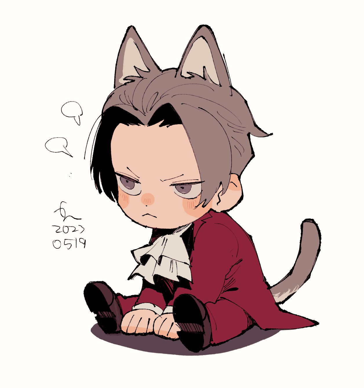 erm nkcn, miles edgeworth, ace attorney, highres, 1boy, :<, animal ears, ascot, black shoes, cat ears, cat tail, chibi, chibi only, closed mouth, full body, grey eyes, grey hair, jacket, kemonomimi mode, long sleeves, male focus, pout, red jacket, shoes, simple background, sitting, solo, tail, white ascot