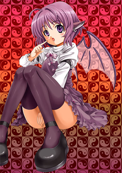 imo, imo (ryokyou), mystia lorelei, touhou, 1girl, animal ears, female focus, no headwear, pink hair, purple eyes, sitting, solo, thighhighs, wings, yin yang, zettai ryouiki
