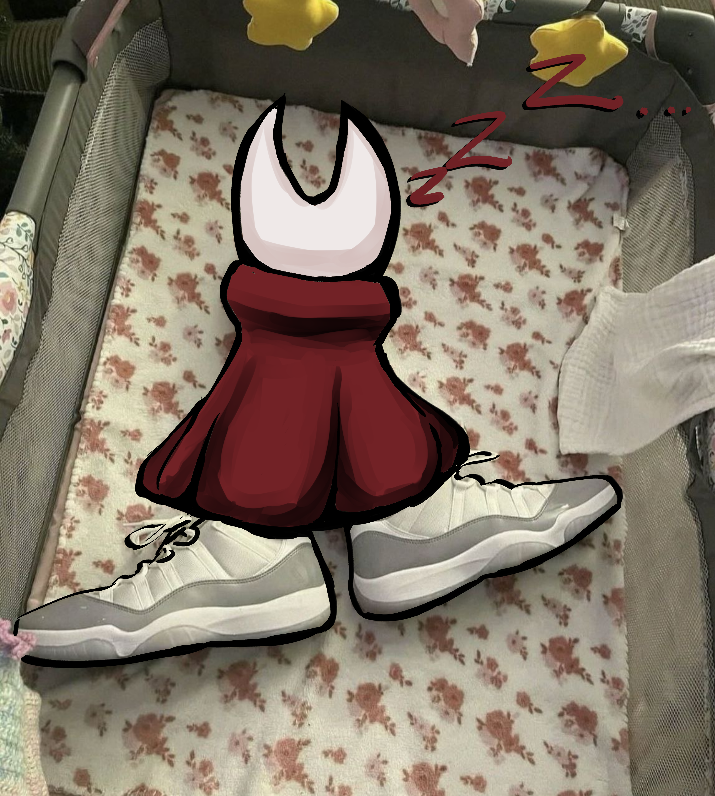 deynesarts, hornet (hollow knight), hollow knight, hollow knight: silksong, black bodystocking, absurdres, highres, non-web source, arthropod girl, black skin, chitin, cloak, colored skin, cosplay, hollow eyes, horned mask, hornet (hollow knight) (cosplay), mask, red cloak, sleeping, thread, white mask, zzz