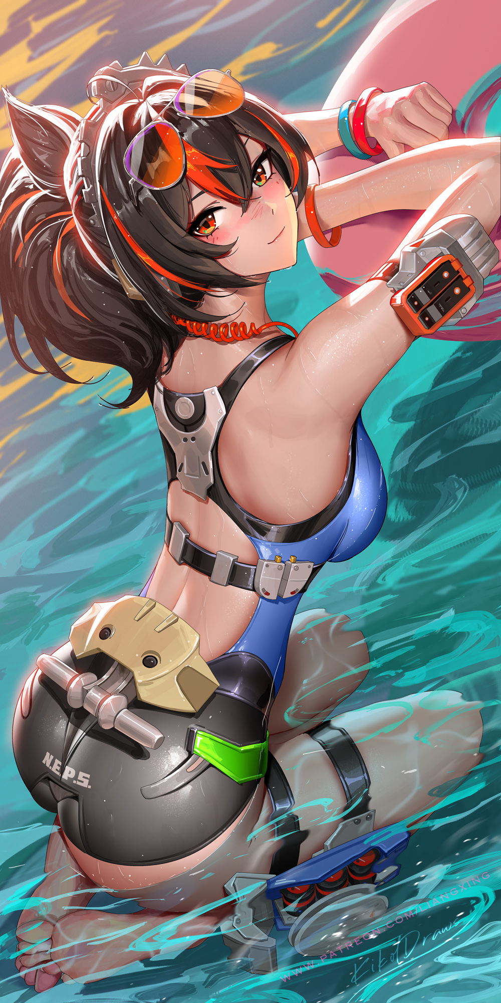 liang xing, zhu yuan, zenless zone zero, commentary, english commentary, highres, 1girl, alternate costume, ass, bare shoulders, black hair, blush, breasts, closed mouth, eyewear on head, feet, kneeling, large breasts, long hair, looking at viewer, multicolored hair, orange hair, outdoors, partially submerged, ponytail, smile, soles, streaked hair, sunglasses, toes, water, wet