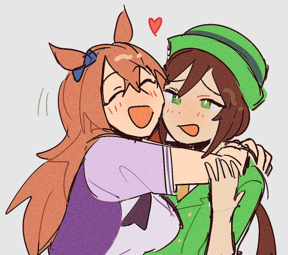 mel (koginaki), hayakawa tazuna, maruzensky (umamusume), umamusume, commentary, english commentary, 2girls, :d, ^ ^, animal ears, arms around neck, blue bow, bow, brown hair, closed eyes, ear bow, film grain, furrowed brow, green eyes, green hat, green jacket, grey background, hair between eyes, hat, heart, horse ears, horse girl, hug, jacket, long hair, motion lines, multiple girls, open mouth, ponytail, purple shirt, school uniform, shirt, short sleeves, simple background, smile, summer uniform, tracen school uniform, upper body