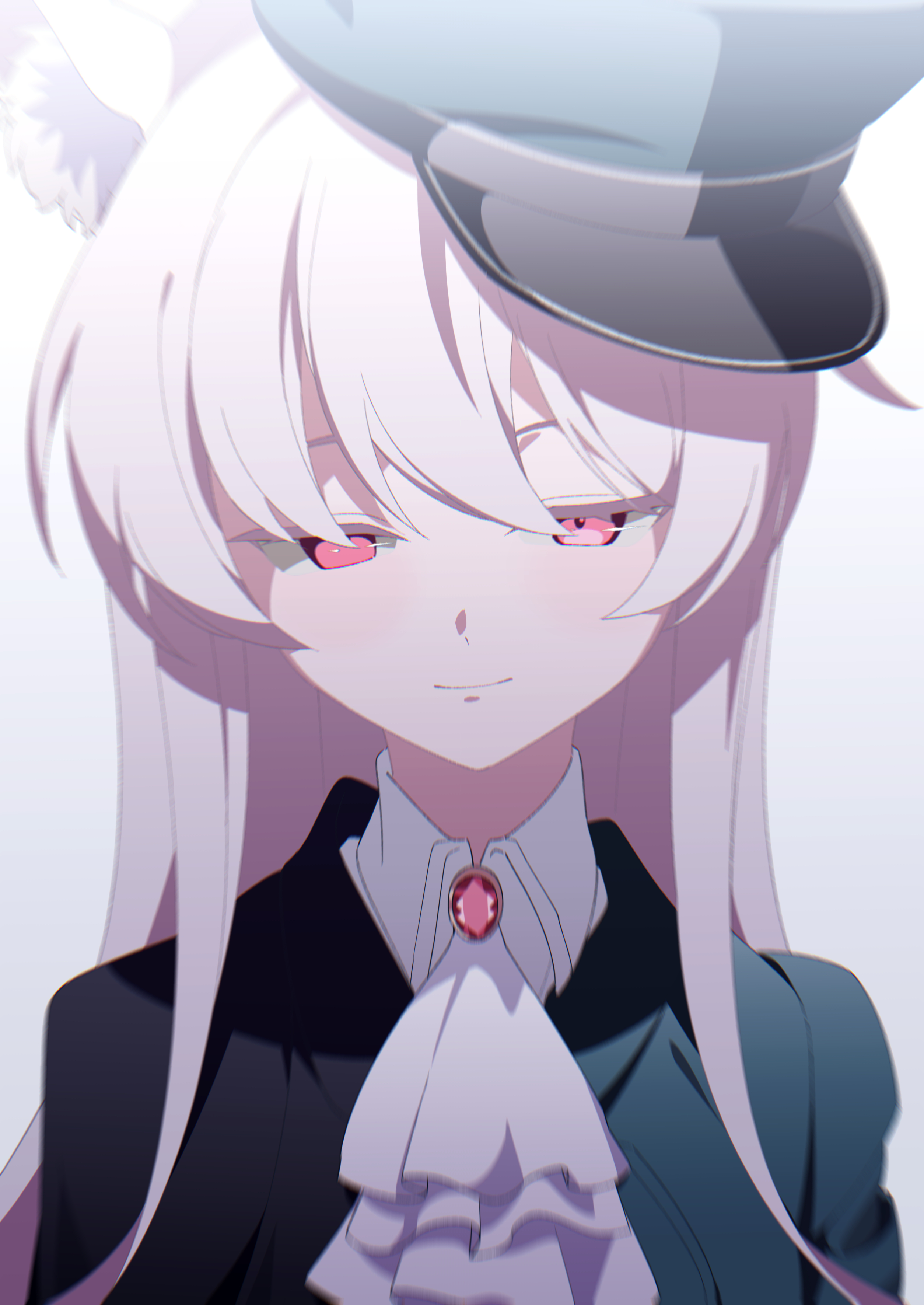 asagisui, akira (blue archive), blue archive, absurdres, highres, 1girl, animal ears, blush, hat, long hair, looking at viewer, red eyes, simple background, solo, upper body, white hair