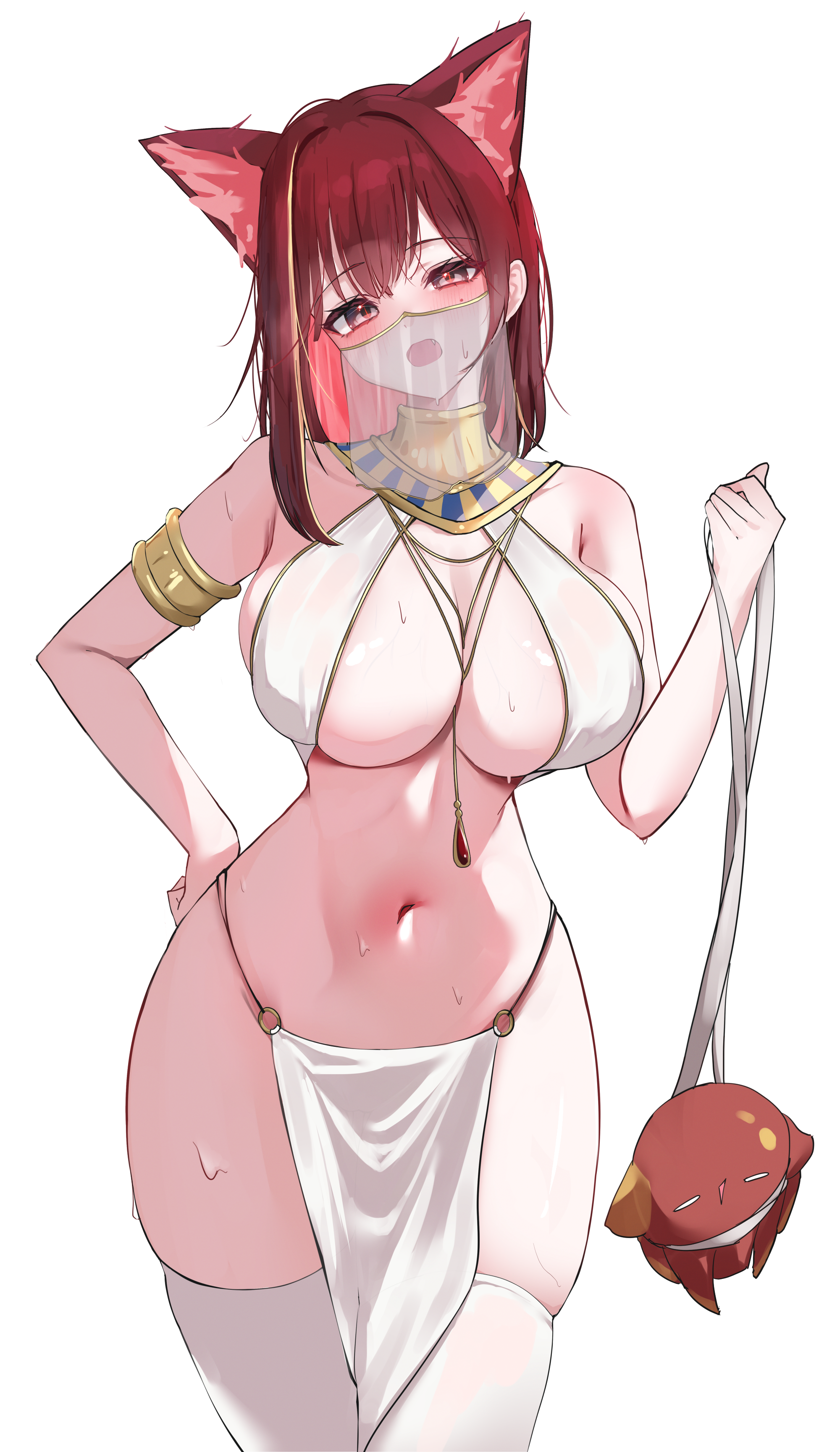 yeomhwauranyum, akane lize, stellive, absurdres, highres, 1girl, animal ears, armlet, bare shoulders, bikini, bikini top only, black eyes, breasts, cat ears, cleavage, colored inner hair, hand on own hip, hand up, head tilt, holding, jewelry, large breasts, long hair, looking at viewer, mole, mole on cheek, mouth veil, multicolored hair, navel, no panties, open mouth, pelvic curtain, pienna (akane lize), red hair, simple background, skindentation, sling bikini top, solo, spaghetti strap, stomach, streaked hair, sweat, swimsuit, thighhighs, thighs, usekh collar, veil, virtual youtuber, white background, white bikini, white thighhighs