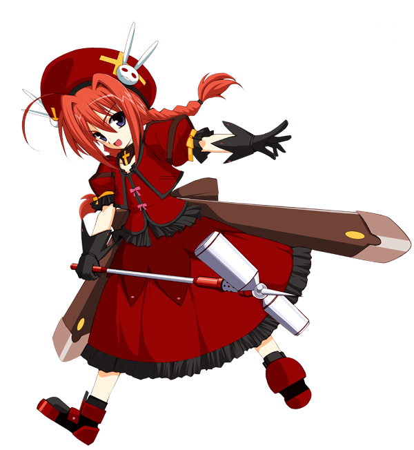 saltydanshark, graf eisen, vita (nanoha), lyrical nanoha, mahou shoujo lyrical nanoha, mahou shoujo lyrical nanoha a's, 00s, 1girl, ahoge, blue eyes, braid, female focus, gloves, hammer, hat, magical girl, red hair, solo, twin braids