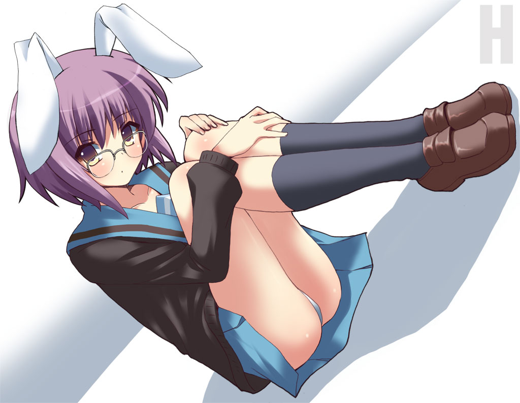 shinshin, nagato yuki, suzumiya haruhi no yuuutsu, 00s, animal ears, cardigan, glasses, panties, pantyshot, rabbit ears, school uniform, serafuku, solo, underwear