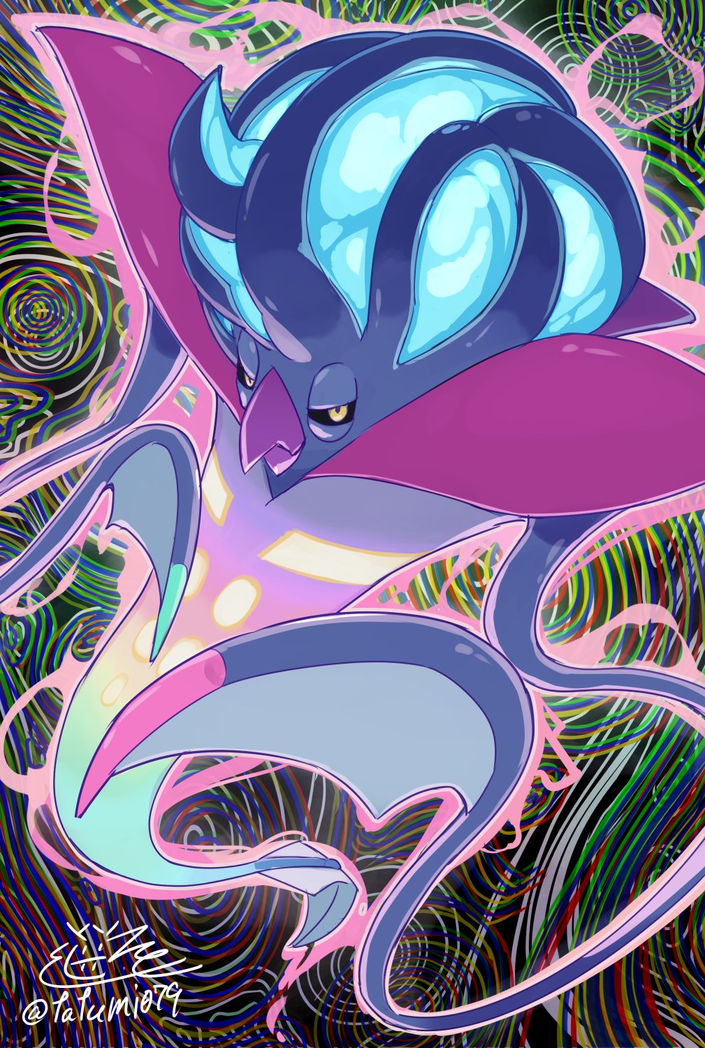 malamar, mega malamar, nintendo, pokemon, highres, 1other, gen 6 pokemon, looking at viewer, mega pokemon, no humans, pokemon (creature), pokemon focus, psychedelic, solo, tatumi079sub, tentacles, yellow eyes