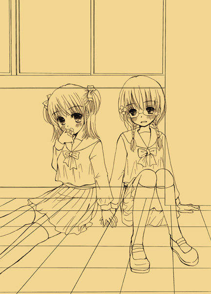 yuririn, original, 2girls, :d, against wall, full body, loafers, long skirt, looking at viewer, monochrome, multiple girls, open mouth, pleated skirt, school uniform, serafuku, shoes, sitting, skirt, smile, x-ray, yellow theme