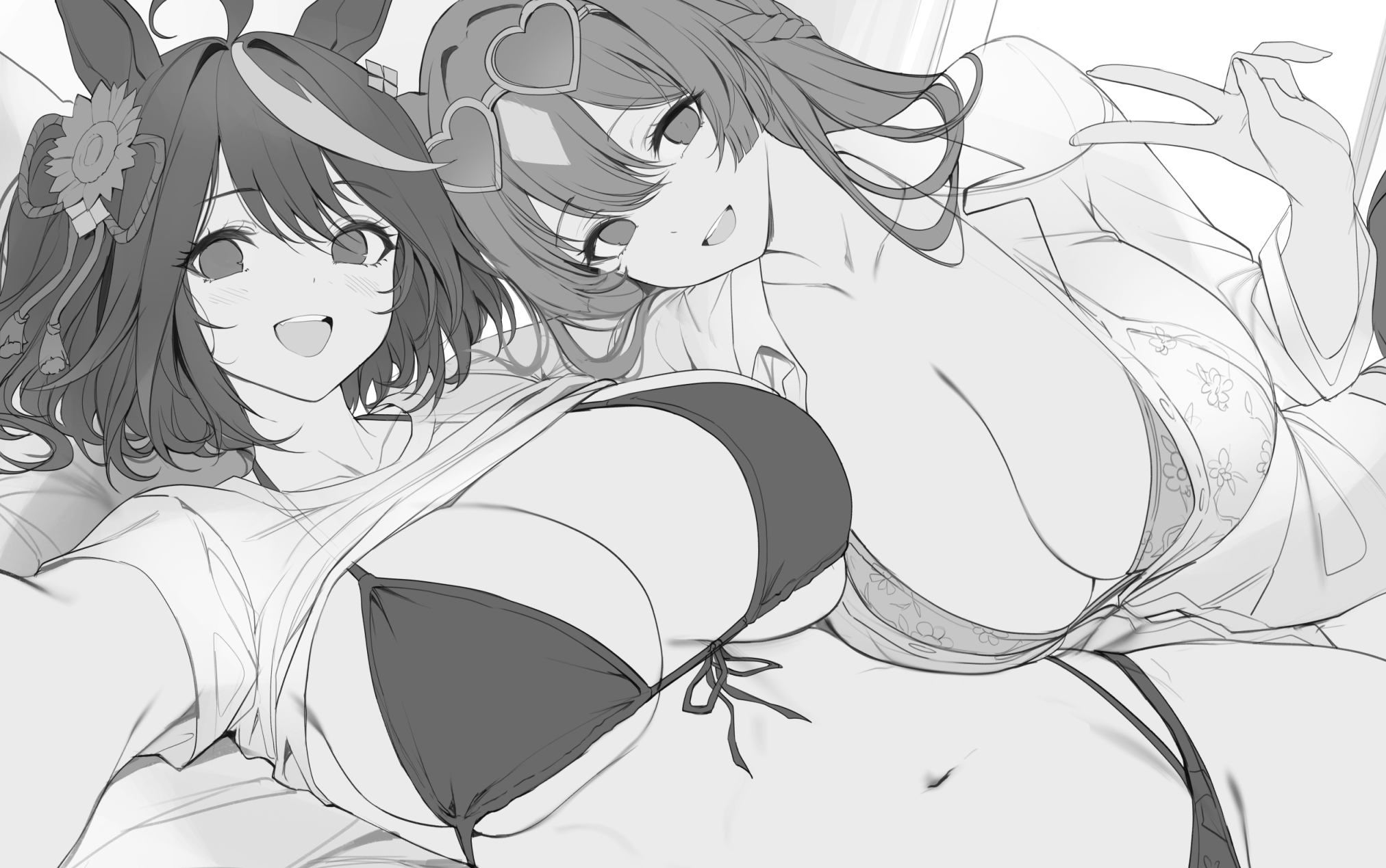 re0n, kitasan black (umamusume), satono diamond (umamusume), umamusume, highres, 2girls, :d, ahoge, alternate breast size (larger), alternate costume, animal ears, bikini, braid, breasts, cleavage, clothes lift, collarbone, collared shirt, double-parted bangs, floral print bikini, flower, greyscale, hair between eyes, hair flower, hair ornament, halterneck, heart, heart-shaped eyewear, horse ears, horse girl, large breasts, long hair, long sleeves, looking at viewer, lying, monochrome, multicolored hair, multiple girls, navel, on back, on side, open mouth, outstretched arms, selfie, shirt, shirt lift, short hair, short sleeves, smile, streaked hair, swimsuit, swimsuit under clothes, t-shirt, teeth, upper teeth only, v