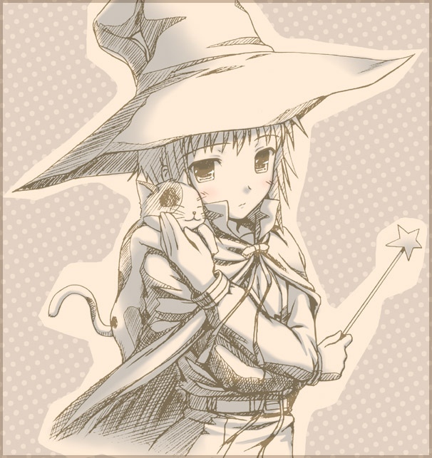 nomura teruya, nagato yuki, shamisen (suzumiya haruhi), suzumiya haruhi no yuuutsu, 00s, 1girl, cat, female focus, monochrome, sepia, solo, wand, witch