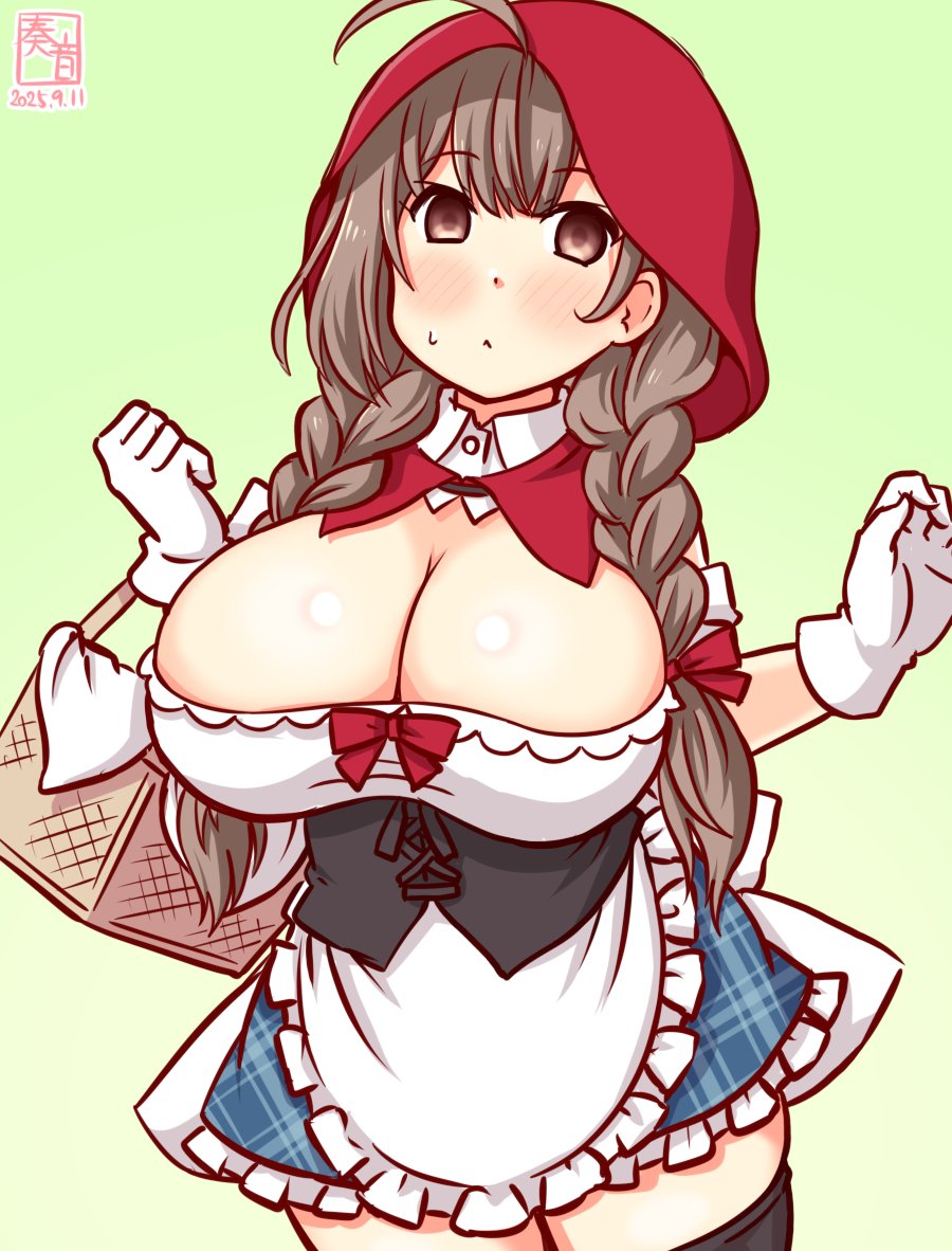 kanon (kurogane knights), shinshuu maru (kancolle), kantai collection, 1girl, basket, black capelet, blush, braid, breasts, brown eyes, brown hair, capelet, cleavage, dress, green background, hood, hooded capelet, hoodie, large breasts, long hair, official alternate costume, red hoodie, ribbon, simple background, solo, twin braids