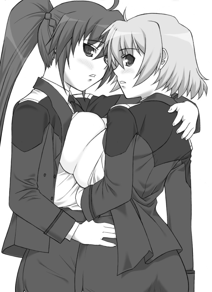 shichimenchou, shamal, signum, lyrical nanoha, mahou shoujo lyrical nanoha, mahou shoujo lyrical nanoha strikers, 00s, 2girls, breast press, breasts, greyscale, large breasts, monochrome, multiple girls, symmetrical docking, yuri