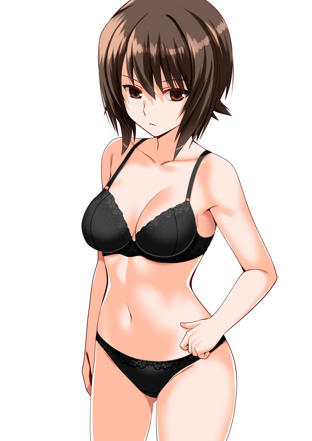 engo (aquawatery), nishizumi maho, girls und panzer, commission, highres, pixiv commission, 1girl, black bra, black panties, bra, breasts, brown eyes, brown hair, cleavage, medium breasts, medium hair, panties, solo, underwear, underwear only, white background