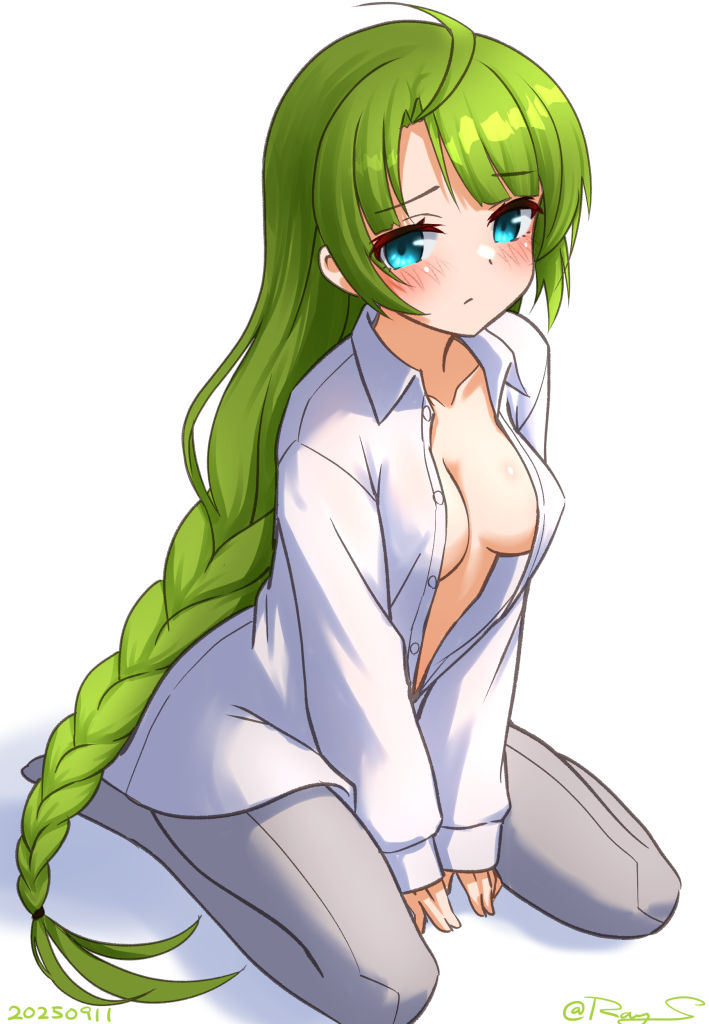 ray.s, yuugumo (kancolle), kantai collection, 1girl, ahoge, between legs, blue eyes, blush, braid, breasts, green hair, grey pantyhose, hand between legs, long hair, long sleeves, looking at viewer, medium breasts, mole, mole under mouth, open clothes, open shirt, pantyhose, school uniform, single braid, sitting, smile, solo, twitter username, very long hair, wariza, white background