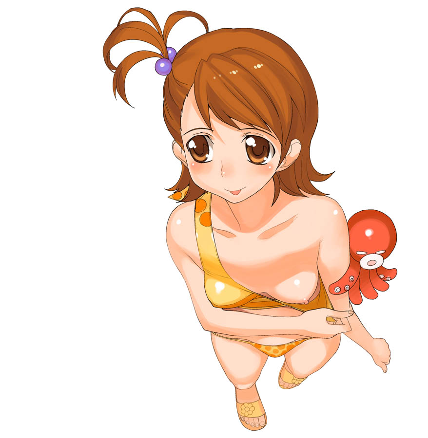 a1 (initial-g), futami ami, idolmaster, idolmaster (classic), idolmaster 1, 00s, 1girl, :p, bikini, breast slip, breasts, brown hair, downblouse, female focus, flipped hair, from above, nipples, one breast out, short hair, small breasts, solo, swimsuit, tongue, tongue out, undressing