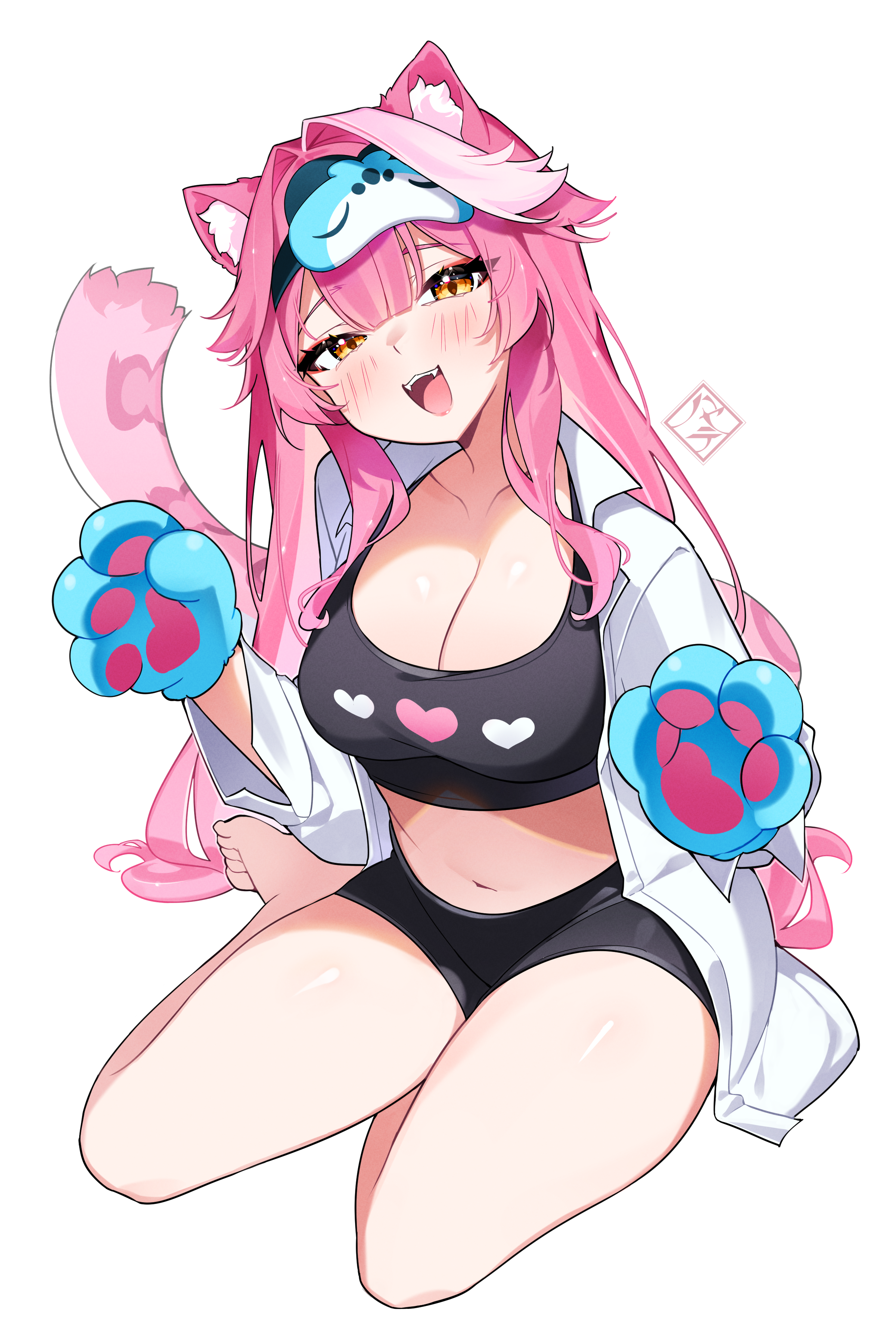hayate fish, raora panthera, hololive, hololive english, absurdres, commentary, english commentary, highres, 1girl, :d, animal ear fluff, animal ears, animal hands, barefoot, black shorts, black tank top, breasts, center-flap bangs, cleavage, collared shirt, crop top, double-parted bangs, dress shirt, eye mask, full body, gloves, hands up, heart, heart print, large breasts, long hair, looking at viewer, mask, mask on head, midriff, multicolored hair, navel, open clothes, open mouth, open shirt, panther ears, panther girl, panther tail, paw gloves, pink hair, shirt, short shorts, shorts, sidelocks, simple background, sitting, sleep mask, smile, solo, streaked hair, tail, tank top, very long hair, virtual youtuber, white background, white hair, white shirt, yellow eyes, yokozuwari