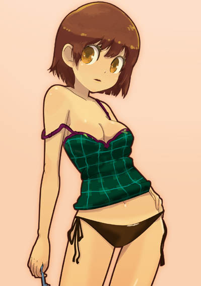 ukke, 1girl, breasts, brown hair, female focus, panties, side-tie panties, solo, strap slip, underwear