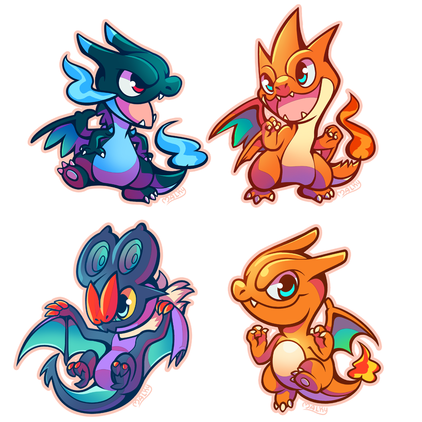 malky (malkshake), charizard, mega charizard x, mega charizard y, noivern, nintendo, pokemon, blue fire, chibi, claws, colored sclera, fang, fire, flame-tipped tail, full body, gen 1 pokemon, gen 6 pokemon, mega pokemon, no humans, nostrils, open mouth, pokemon (creature), simple background, tail, white background, yellow sclera