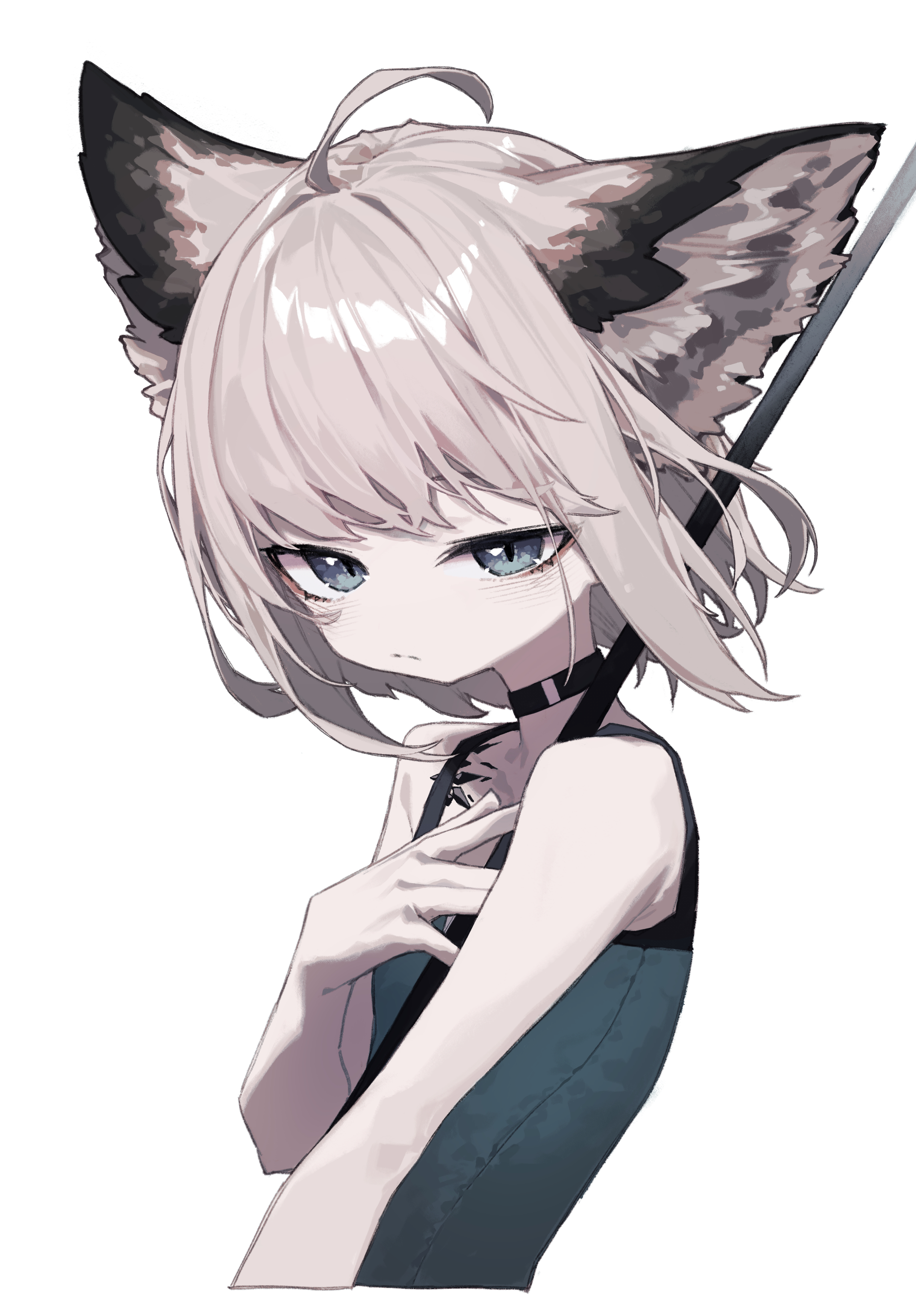 beudelb, sussurro (arknights), arknights, absurdres, highres, 1girl, ahoge, animal ear fluff, animal ears, black choker, blue eyes, choker, fox ears, looking at viewer, material growth, oripathy lesion (arknights), simple background, solo, upper body, white background