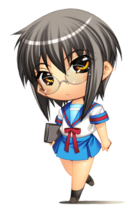 hiyohiyo, nagato yuki, suzumiya haruhi no yuuutsu, lowres, 00s, 1girl, chibi, female focus, full body, glasses, grey hair, school uniform, serafuku, simple background, solo, yellow eyes