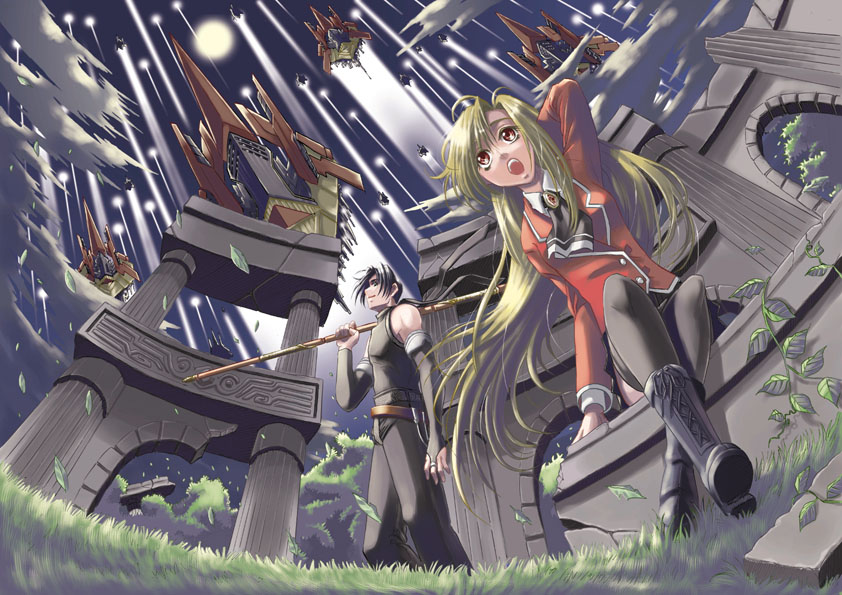 yuu (yuyukaikan), original, 1boy, 1girl, arm behind head, arm up, ascot, black hair, blazer, blonde hair, boots, cloud, full moon, grass, jacket, moon, night, pants, perspective, plant, ruins, sitting, spacecraft, standing, tank top, thighhighs, thrusters, tree, vines, wind, yellow eyes
