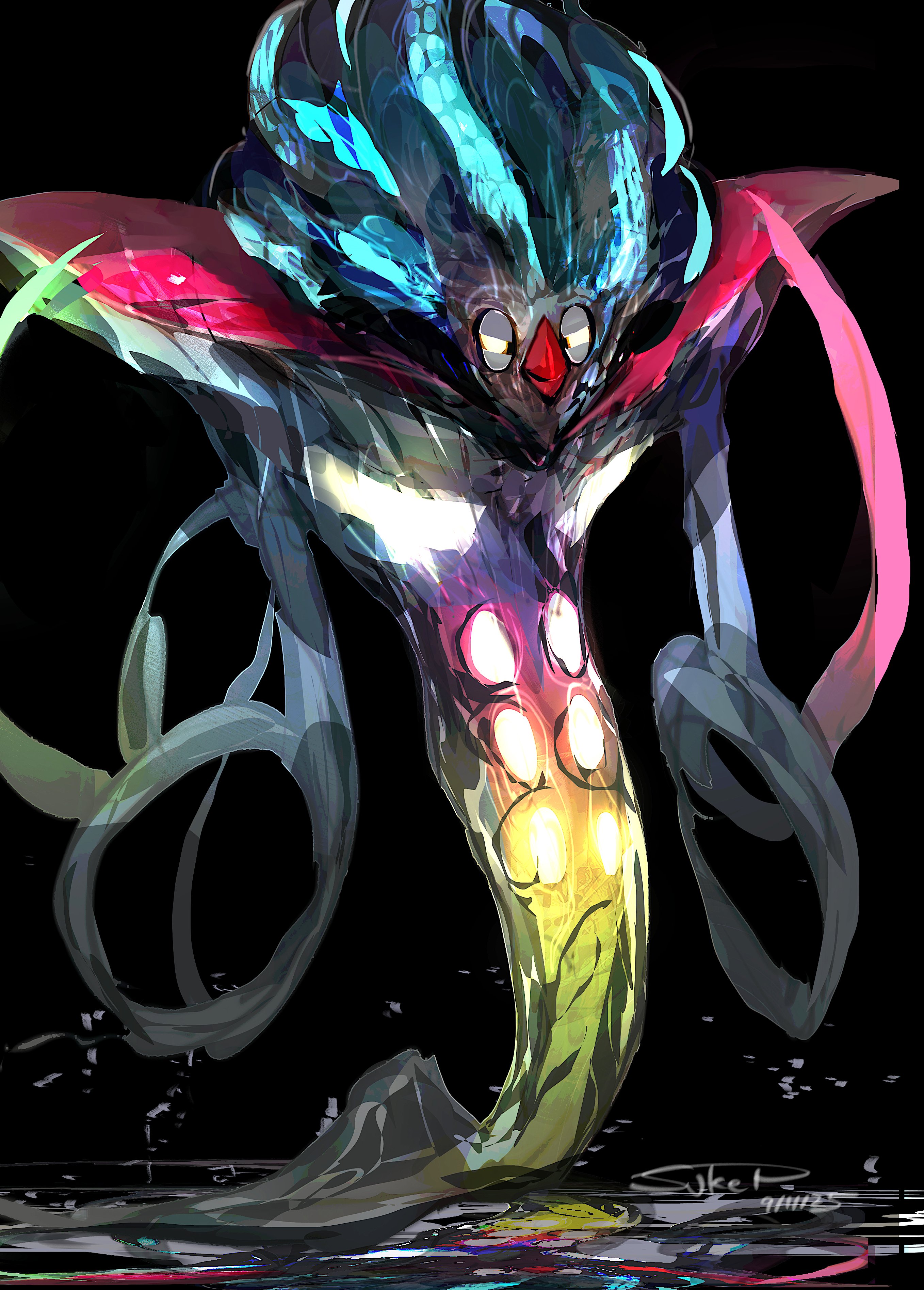 malamar, mega malamar, nintendo, pokemon, artist request, highres, 1other, black background, gen 6 pokemon, glowing, glowing eyes, looking at viewer, mega pokemon, neon lights, no humans, pokemon (creature), pokemon focus, solo, tentacles, yellow eyes
