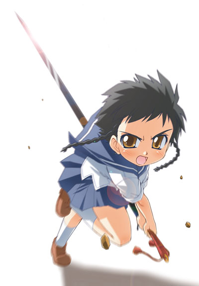 bakutendou, minagi mikoto, my-hime, 00s, braid, school uniform, serafuku, solo, sword, twin braids, weapon