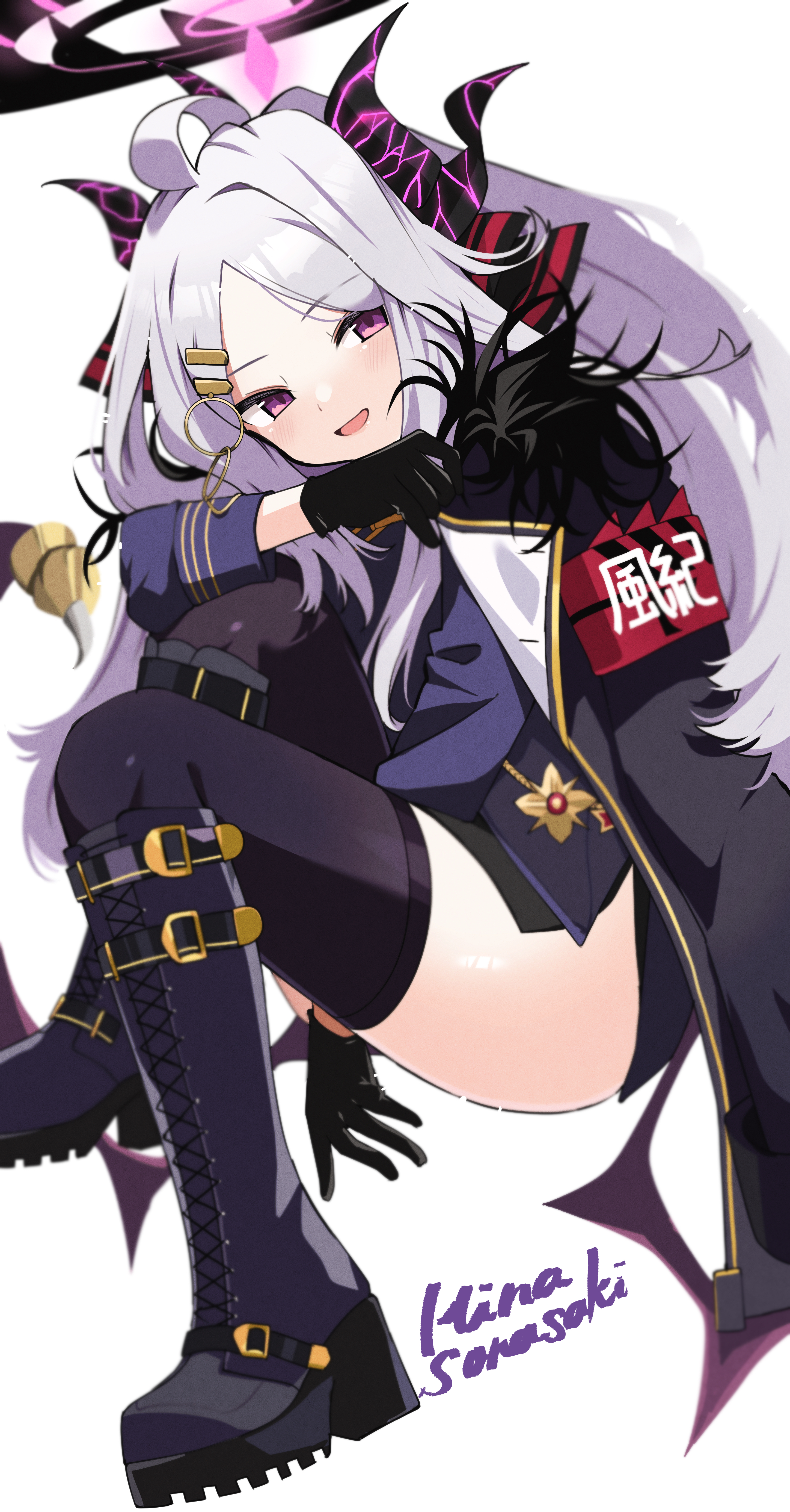 zono (inokura syuzo029), hina (blue archive), blue archive, absurdres, highres, 1girl, ahoge, black halo, breasts, demon girl, demon horns, demon wings, halo, horns, long hair, looking at viewer, low wings, purple eyes, sitting, small breasts, solo, very long hair, white hair, wings
