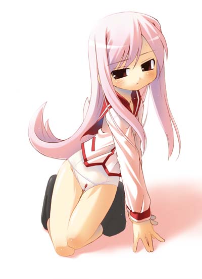 bakutendou, lucy maria misora, to heart (series), to heart 2, black footwear, 00s, 1girl, blush, brown eyes, collarbone, female focus, kneeling, long hair, long sleeves, looking at viewer, no pants, one-piece swimsuit, pink hair, red eyes, school swimsuit, school uniform, serafuku, shirt, solo, swimsuit, swimsuit under clothes, very long hair, white background, white one-piece swimsuit, white school swimsuit, white shirt