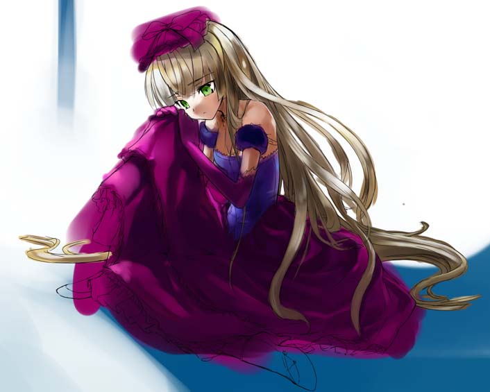 adachi yousuke, original, 1girl, armlet, bare shoulders, blonde hair, breasts, cleavage, collarbone, dress, elbow gloves, female focus, full body, gloves, green eyes, jewelry, long hair, purple dress, purple gloves, simple background, sitting, small breasts, solo, very long hair, white background