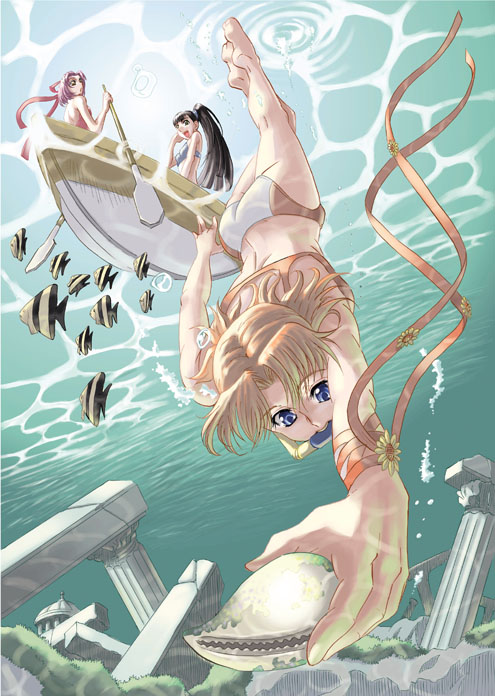 yuu (yuyukaikan), original, 3girls, barefoot, bikini, blonde hair, blue eyes, boat, fish, flower, freediving, legs, multiple girls, on boat, oyster, ponytail, ribbon, ruins, snorkel, sunflower, swimsuit, underwater, watercraft, wrist ribbon