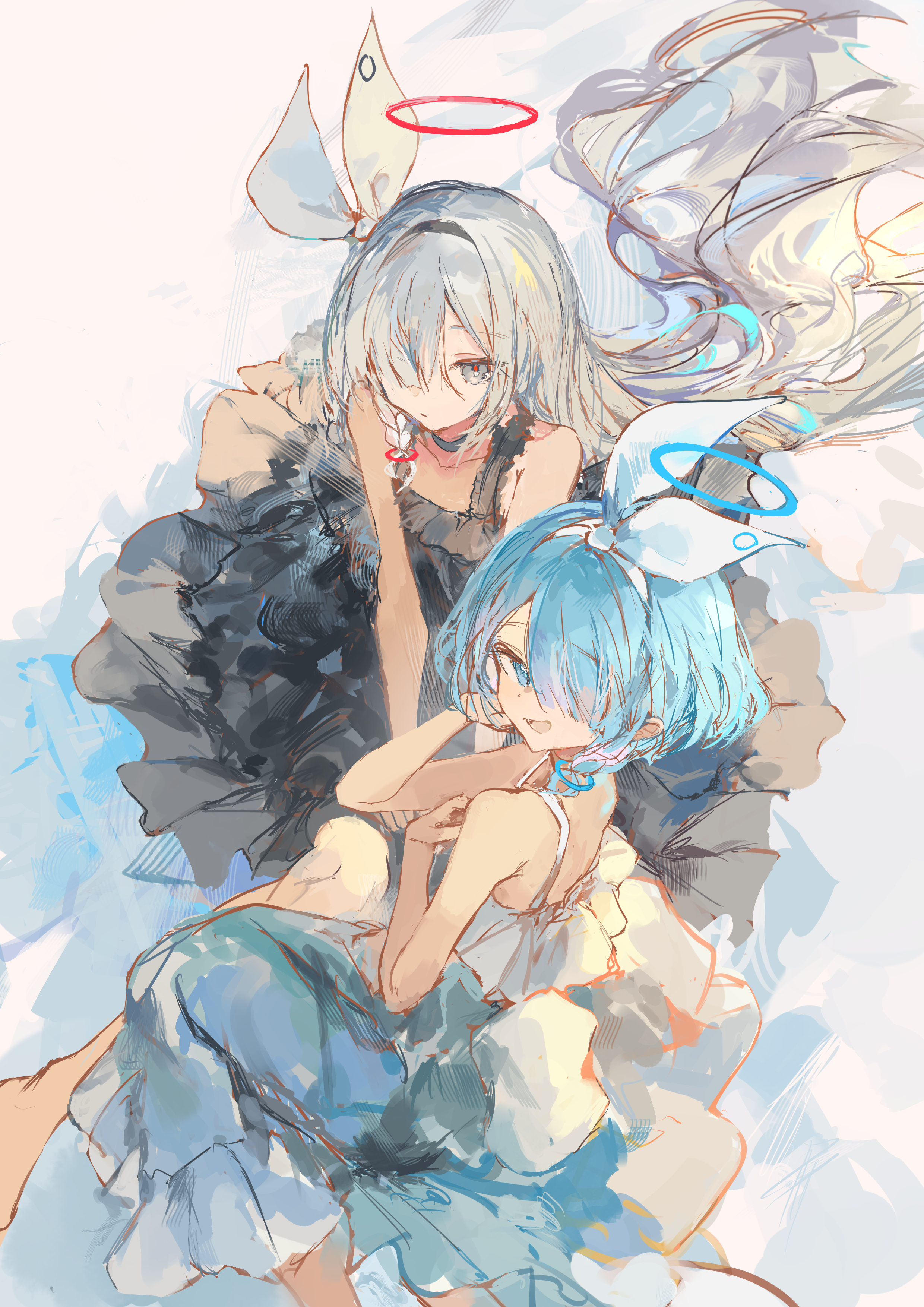 ichika (ichika87), arona (blue archive), plana (blue archive), blue archive, absurdres, highres, 2girls, black dress, blue eyes, blue hair, dress, hair over one eye, hairband, halo, long hair, multiple girls, short hair