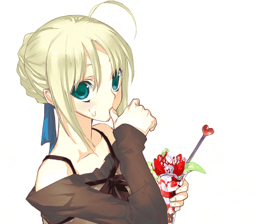 sumi hei, artoria pendragon (fate), saber (fate), fate/stay night, fate (series), 00s, 1girl, braid, braided bun, female focus, food, hair bun, official alternate costume, parfait, simple background, solo