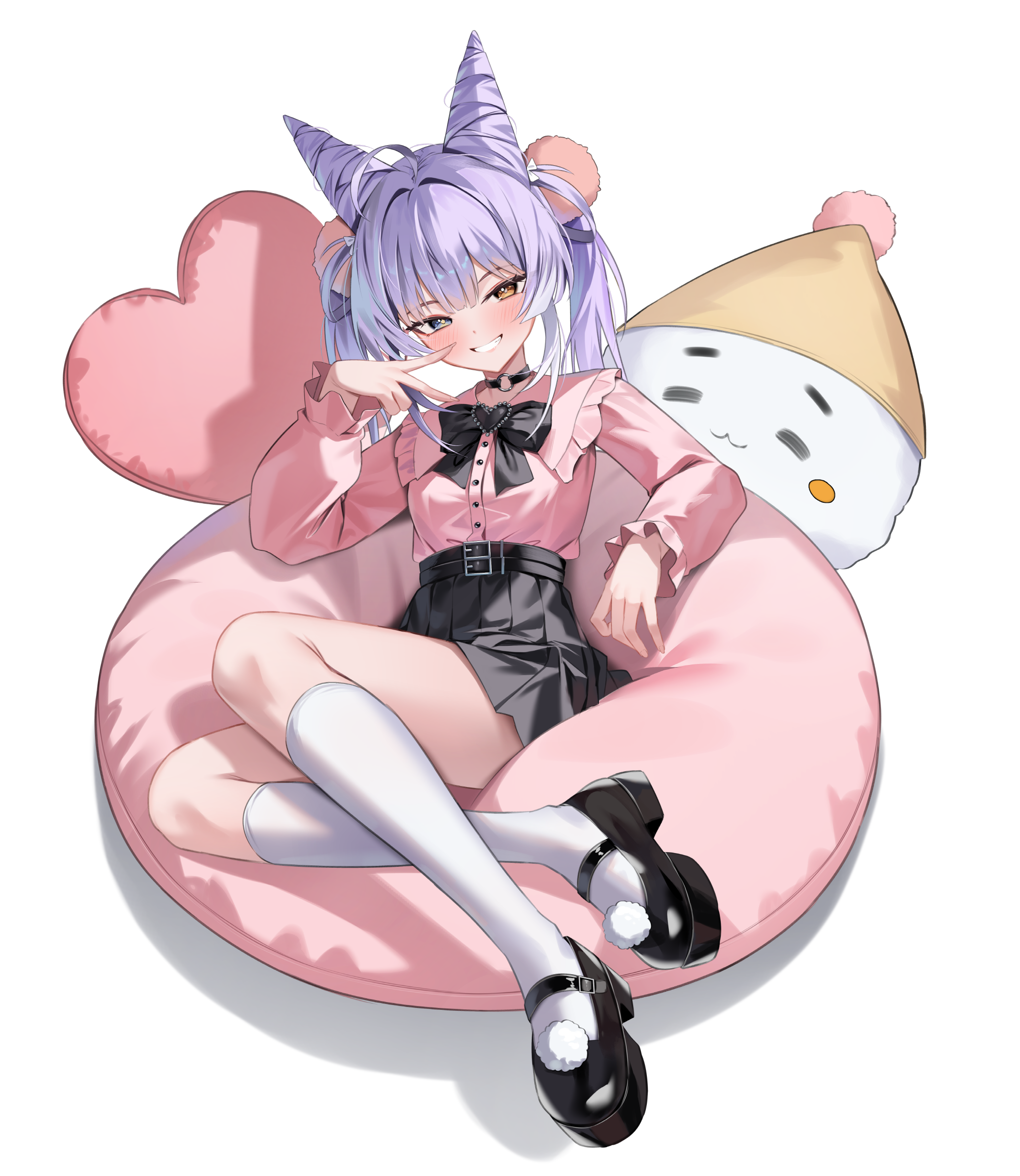 shuvi (shuvi1125), tenko shibuki, stellive, absurdres, highres, 1girl, belt, black belt, black bow, black shoes, bow, cone hair bun, double bun, full body, hair bun, heterochromia, jirai kei, kneehighs, long hair, pink shirt, purple hair, shirt, shirt tucked in, shoes, simple background, sitting, skirt, smile, socks, solo, virtual youtuber, white background, white skirt, white socks