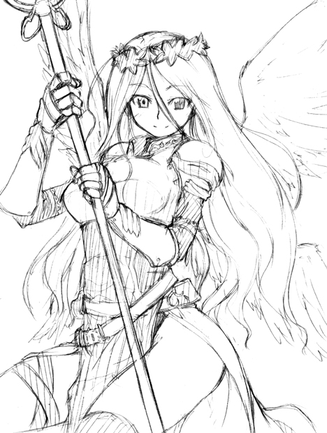 esa, 1girl, armor, armored dress, dress, female focus, greyscale, monochrome, solo, thighhighs, valkyrie