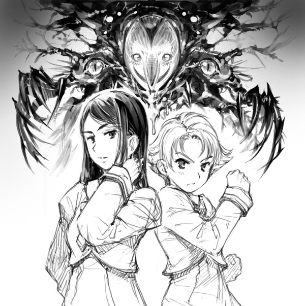 shirayuki shoushirou, kowaiina, kowaina, minazuki karen, natsuki rin, precure, yes! precure 5, 00s, 2girls, claws, greyscale, long hair, monochrome, monster, multiple girls, school uniform, serious, short hair
