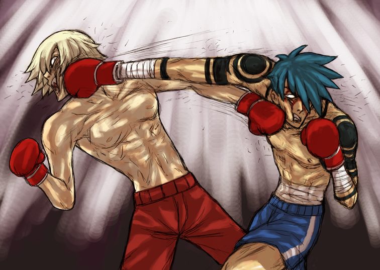 aizawa yoshihiko, kamina (ttgl), viral (ttgl), ashita no joe, tengen toppa gurren lagann, 2boys, boxing, boxing gloves, crosscounter, male focus, manly, multiple boys, parody, punching, sarashi, shorts, tattoo, topless male