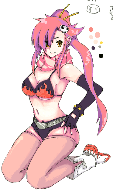 kuroneko jiji, yoko littner, tengen toppa gurren lagann, 00s, bikini, bikini top only, kneeling, short shorts, shorts, solo, swimsuit, thighhighs